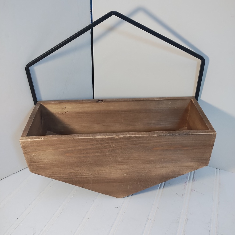 Hexagon Wood & Metal Wall Planter Floating Shelf Brown Black Geometric Decor